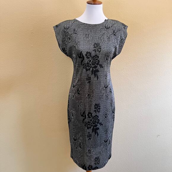 Vintage 90s Black Floral Metallic Bodycon Mini Dress size 9 - Picture 3 of 11